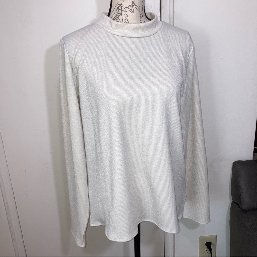 Alfani Sparkle Metallic White Mock Neck Light Long Sleeve Top